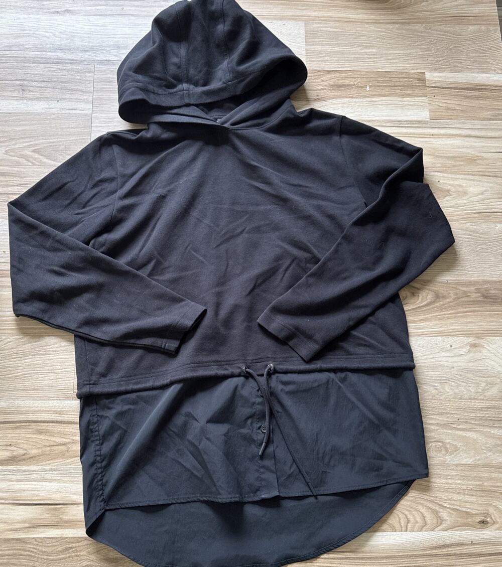 Athleta Gallery Hoodie Top Black Mixed Media Layered Shirt Tail Hem Medium
